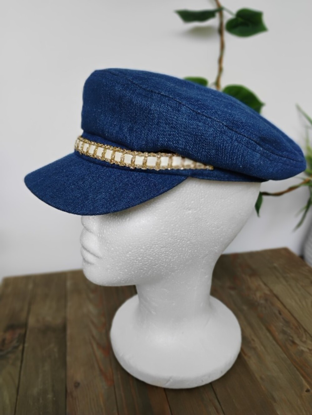 Blue Denim Baker Boy Hat with Gold Accent